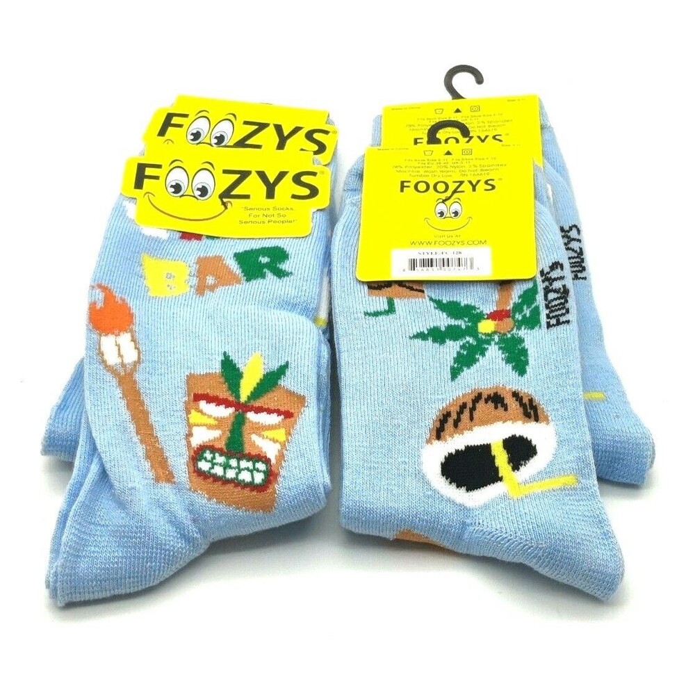 NWT FOOZY'S LADIES 4 PAIR TIKI BAR SOCKS TIKI TORCH PALM TREE LT BLUE SZ 4-10